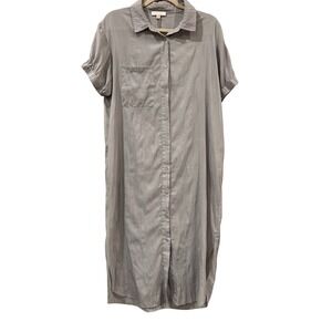 All:row Grey Button Front Short Sleeve Shirt Dress Midi with Pockets Size M
